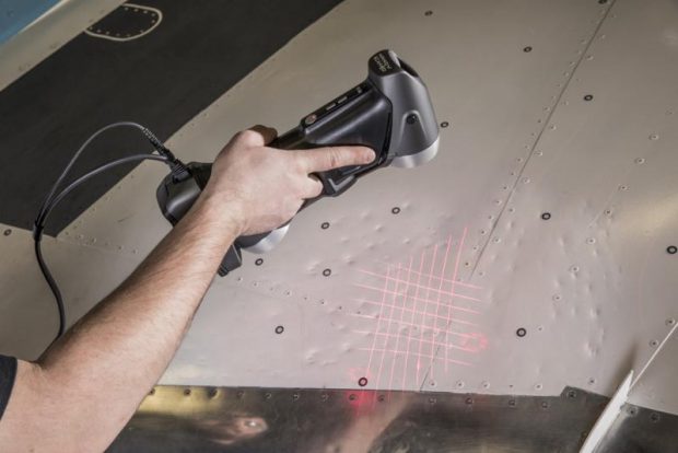 The SmartDENT 3D aircraft surface inspection and damage assessment software pairs with Creaform's HandySCAN 3D portable scanner to provide a non-destructive testing solution for airlines and maintenance, repair and overhaul service companies. Image courtesy of Creaform Inc.