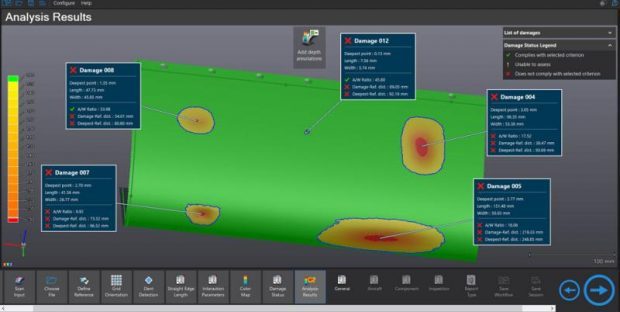 The SmartDENT 3D and HandySCAN 3D combination provides real-time 3D visualizations and instant on-site inspection and damage assessment analysis reporting. Image courtesy of Creaform Inc.