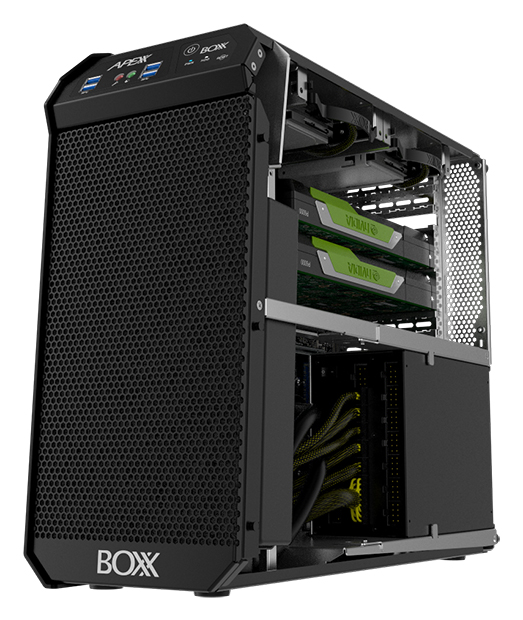 The APEXX S3 workstation debuts BOXX's next-generation chassis. The company says that it removed unused, outdated technology such as optical drive bays from the APEXX S3 chassis to maximize productive space within the system's enclosure. Image courtesy of BOXX Technologies.
