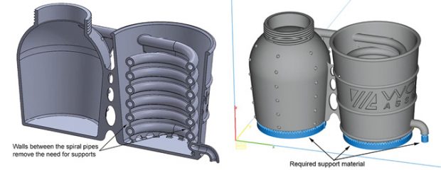 Design for additive manufacturing: Concept for a 3D printed mini-distillery, whose layout demonstrates integrated tubing and minimal supports (in blue, to be removed later). Image courtesy of Olaf Diegel.