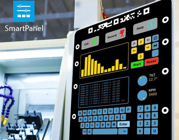  SmartPanels are customizable 3D virtual control panels for industrial machinery and IIoT devices. After a physical panel is installed, users wearing smart glasses can interact with an augmented reality interface offering a mix of machine controls and display readouts. Image courtesy of Augumenta Ltd.