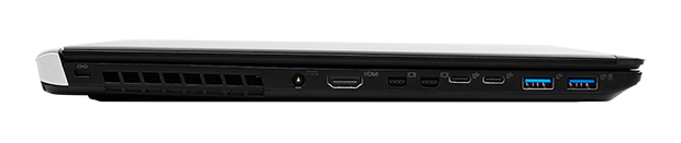 This left-side view of the PREVAILPRO P4000 Upgraded Pro mobile workstation shows the locations of its HDMI, MiniDisplay and four of its USB 3.x ports. Image courtesy of PNY Technologies Inc.