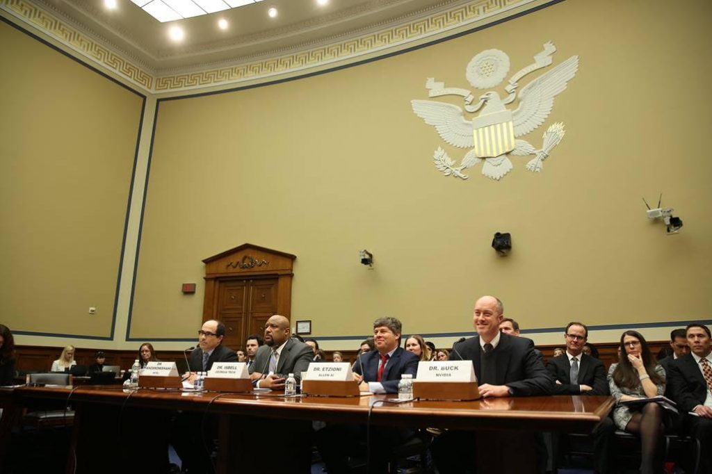 Dr Ian Buck (right), who leads NVIDIA’s Tesla business, appeared alongside (left to right) Intel’s Dr. Amir Khosrowhahi, Georgia Tech’s Dr. Charles Isbell, and Dr. Oren Etzioni, CEO of the Allen Institute for Artificial Intelligence.