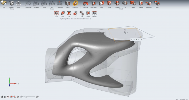 The 2018 version of Inspire introduces a PolyNURBs Fit tool. With it, designers and engineers can create final solid geometry by optimizing the fit of CAD geometry developed with Inspire's PolyNURBs technology to generative design results. Image courtesy of Altair Engineering Inc.