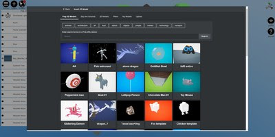 STYLY users can simply search by keyword or browse by category to find Google Poly 3D models. To insert the desired model into the VR scene, they can then click on the appropriate icon. Image courtesy of Psychic VR Lab.