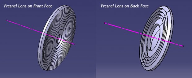 Beginning with the 2018 release of SPEOS, users can now automatically design Fresnel lenses on back-face to improve the efficiency of a projection lens. Image courtesy of OPTIS.