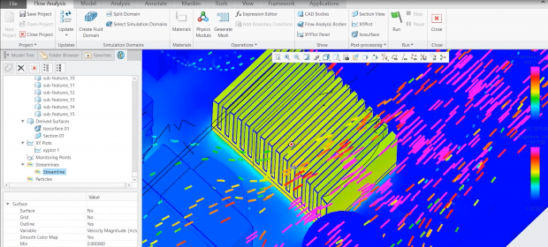A new Flow Analysis extension for use with Creo 5.0 offers designers the tools to execute CFD-based analyses of liquids and gases early and often during the design process. Image courtesy of PTC.