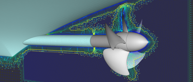 A cut plane through an overset mesh system generated for a container ship propeller configuration. Automated near-body mesh is generated using the new Build Blocks feature while off-body meshing utilizes new voxel hex-dominant meshing technology. Image courtesy of Pointwise.