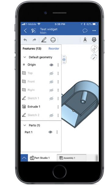 Even on mobile devices, users can still use all of Onshape’s CAD and management tools. Image courtesy of Onshape.