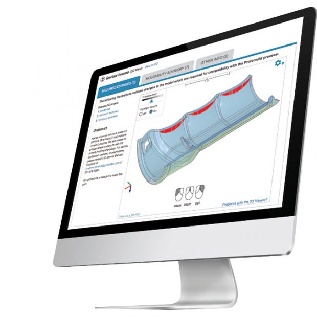 The Protolabs online portal provides a review of issues that shows changes via a 3D model. Image courtesy of Protolabs.