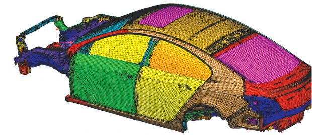 Cloud computing allows this NX Nastran automotive body model to be simulated efficiently using parallel processing on a large number of cores. Image courtesy of Siemens PLM Software. 