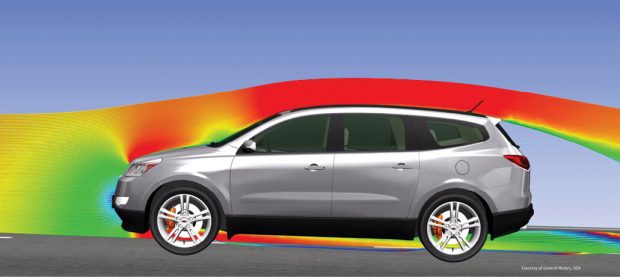 Moving streamlines show airflow around a Chevy Traverse rendered using photorealistic ray tracing. Visualized using ANSYS Ensight. Image courtesy of ANSYS and General Motors.