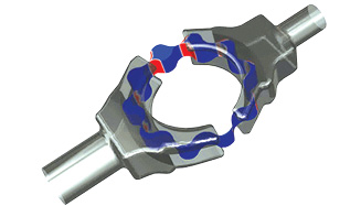 ANSYS Fluent simulation of oil volume in a gerotor pump showing the extent of cavitation (red) on the gear wall. Visualized using ANSYS Ensight. Image courtesy of ANSYS.
