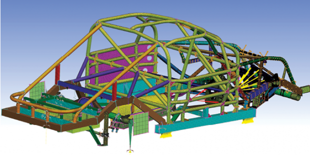 Isometric view of a chassis finite element model that is used in stress and deformation design studies. Image courtesy of Hendrick Motorsports.