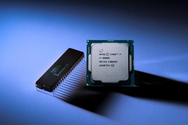 To commemorate the June 1978 release of its first 8086 processor (left), Intel has launched the Intel Core i7-8086K Limited Edition processor (right) The original 8086 offered a 5MHz (0.005GHz) maximum clock frequency. The six-core Core i7-8086K processor, Intel says, is its first processor to deliver up to 5.0GHz maximum turbo frequency. Image courtesy of Intel Corp.