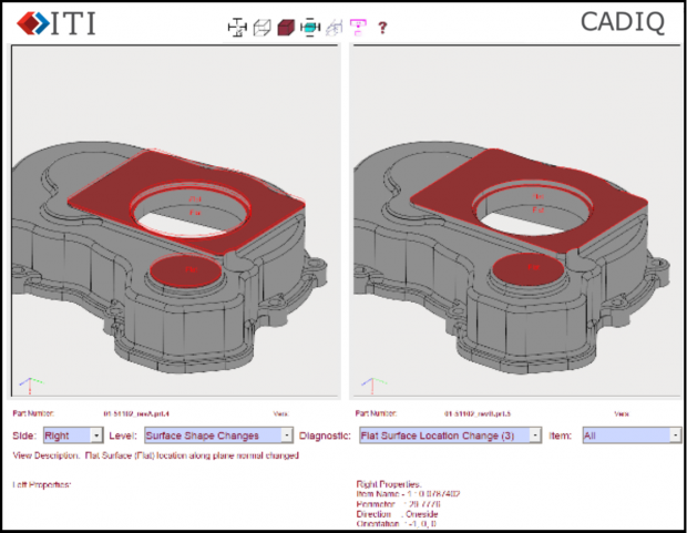 This CADIQ screen capture shows a side-by-side Adobe 3D PDF for revision comparison validation generated by CADIQ. Image courtesy of International TechneGroup Inc.