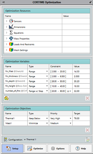 An integrated add-on tool for SOLIDWORKS, CORTIME automatically generates iterations based on a design concept and user-defined objectives. Setting up an optimization in CORTIME can be done in three easy steps. Shown here is an optimization set-up screen. Image courtesy of Apiosoft ApS.