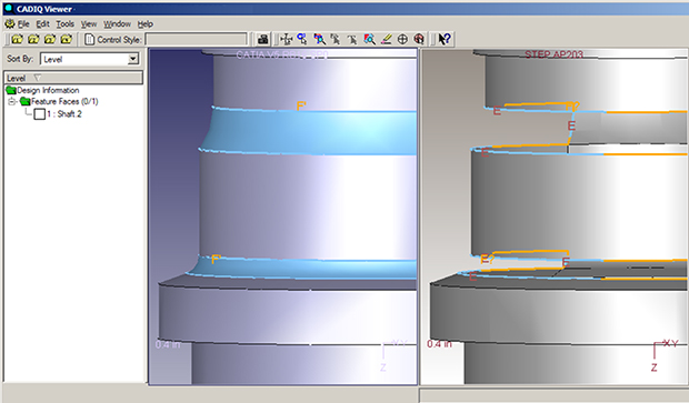 CADIQ will compare a master CAD model to a derivative version of the same model and highlight the differences in model geometry changed or lost in translation. Note how the revolved faces were trimmed back in the derivative model on the right. Image courtesy of International TechneGroup Inc.