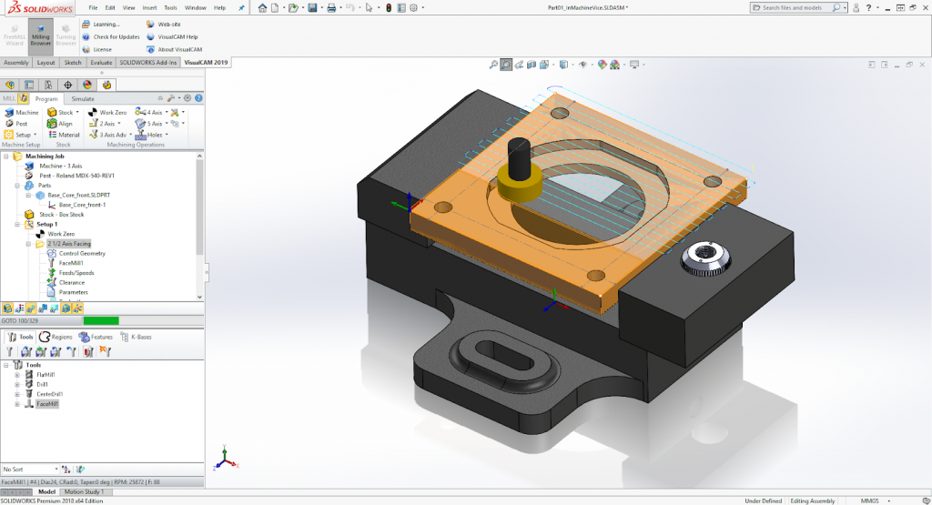 VisualCAM 2018 for SOLIDWORKS now includes the ability to run inside the Assembly document of SOLIDWORKS. Image courtesy of MecSoft.