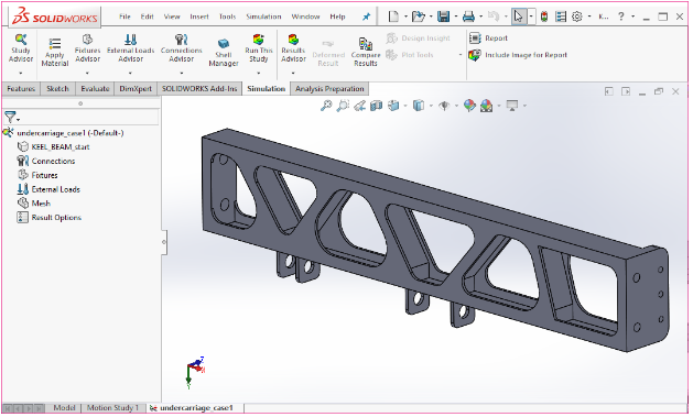 The SOLIDWORKS Simulation tools are shown in. The Study Advisor icon is selected, and a new Simulation Study is set up. This is a static analysis study: undercarriage_case1. Image courtesy of Tony Abbey.