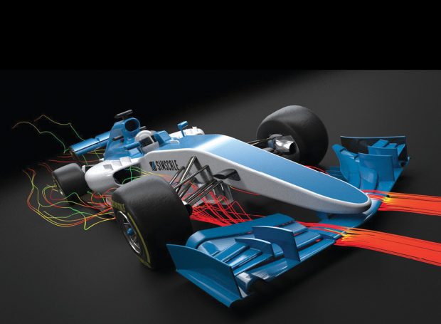 SimScale leverages the cloud to democratize CFD analysis, as with this example of an F1 race car. Image courtesy of SimScale.
