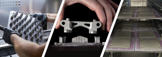 The medical parts on the left were produced using direct metal laser sintering. The center image shows a part made with Desktop Metal's fabrication process, which is said to be similar in capability and product integrity as metal injection molding (MIM). At right, for comparison, are MIM-made parts. Center image courtesy of Desktop Metal Inc. Images courtesy of Proto Labs Inc.