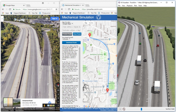 The Atlas web tool is used with Import options to reproduce the 3D geometry of a highway exit in TruckSim (I-94 exit 172 in Ann Arbor). Image courtesy of Mechanical Simulation.