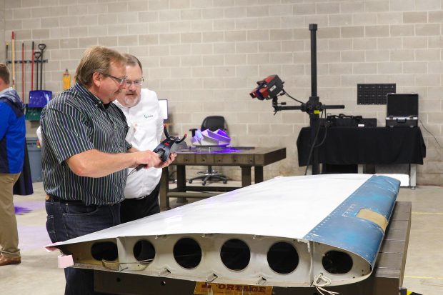 Scanning an airplane wing using the Leica AT960. Image courtesy of Exact Metrology.