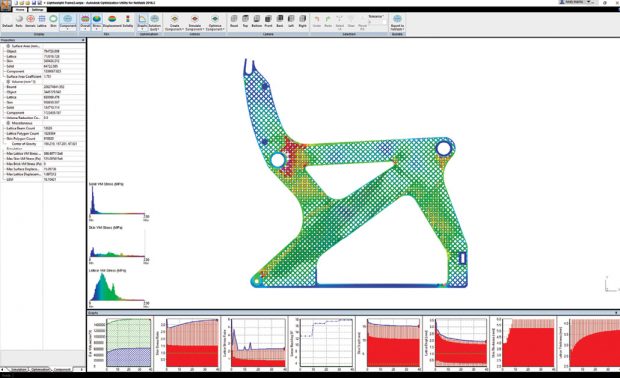 This lattice-optimized aircraft seat frame shows relatively even distribution of stress in Autodesk’s Nastran simulation software. The small area of heightened stress in red toward the rear of the seat is due to the allowance that the frame can yield at that point under an emergency landing load case. Image courtesy of Autodesk.