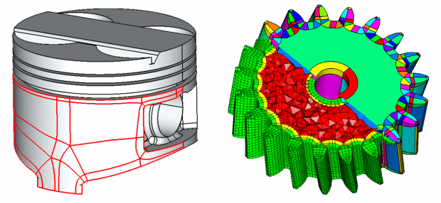 Left: Automatic subdivision of complex CAD surfaces, Right: Auto subdivision of a solid with a hybrid hex-skin mesh. Image courtesy of ITI.