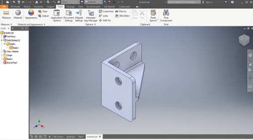 Fig. 1: Bracket geometry shown in Autodesk Inventor user interface. Images courtesy of Tony Abbey.