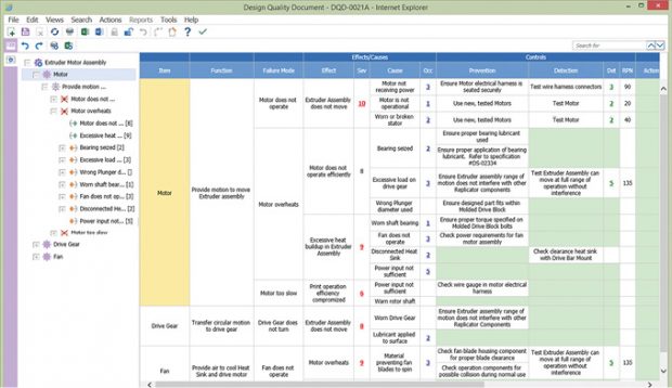 Aras Innovator’s Failure Mode and Effects Analysis (FEMA) service has been architected to look and feel like Excel for optimum usability. Image courtesy of Aras.
