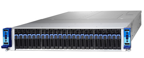 The 2U four-node 24-bay M2760 WHITEBOX OPEN platform can be equipped with two dozen 2.5-in. hot-swappable hard drives. Image courtesy of Equus Compute Solutions.