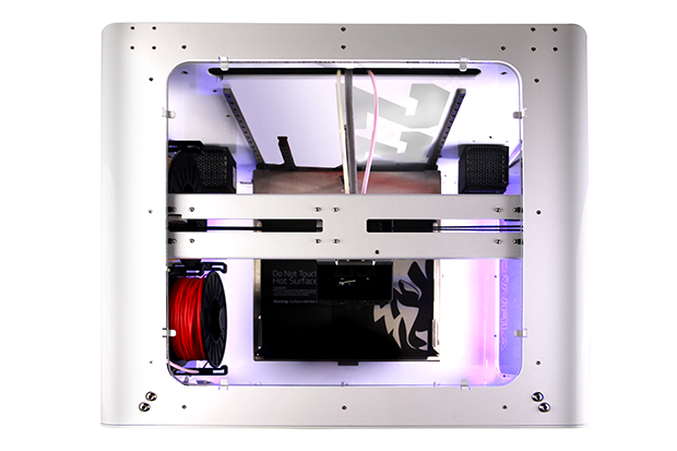 A top-down view inside the EVO 22 Large 3D Printer/Additive Manufacturing Center. Note the filament spool on the left and the heavy-duty linear guide-based motion control system on top. Image courtesy of Airwolf 3D Printers.