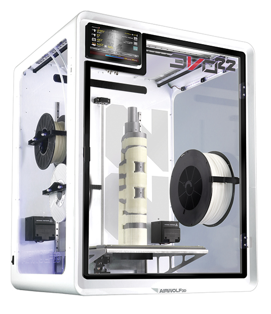 The EVO 22 Large 3D Printer/Additive Manufacturing Center has a 22.75-in. build height and supports more than 40 different engineering-grade materials, including carbon fiber-reinforced nylon and high-temperature thermoplastics. Image courtesy of Airwolf 3D Printers.