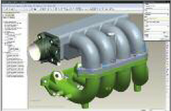 This image of a Pro/ENGINEER session defines the fasteners for an intake manifold in a study of mechanical loads.