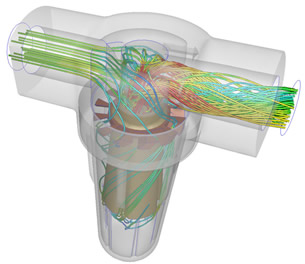Simulation of a water separator in CFdesign v10. Air flows in through a spur gear, starts to swirl, and creates a funnel effect as it heads towards the outlet leaving the moisture droplets at the bottom of the device. 