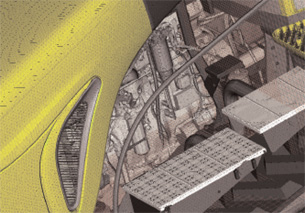This engine-compartment closeup of an AGCO tractor shows that all of the detail of the original CADmodel is retained for a PowerFLOW simulation of airflow management and cooling.