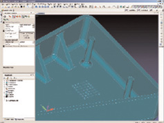 These before (left) and after (right) images of a housing show where Femap software removed geometric details such as ribs, fillets, and stand-offs, andmerged surfaces together to simplify meshing.