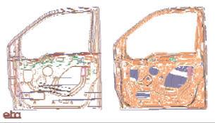 A sheet-metal and FE model of an automotive door assembly created with ETA&rsquo;s VPG program with shell elements.