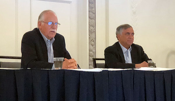Chuck Hall, co-founder and chief technology officer of 3D Systems (left) and Vyomesh Joshi, 3D Systems president and CEO during an AMUG 2019 question-and-answer session.