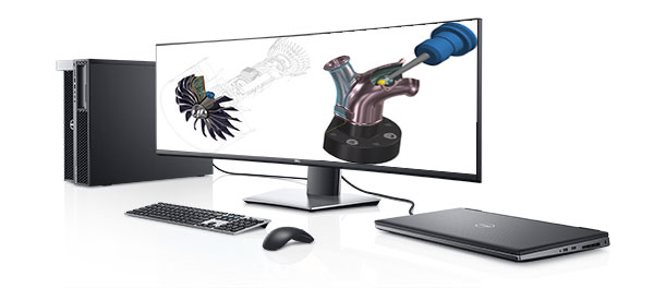 You can fill the Dell UltraSharp 49-inch curved monitor with display input from one or two workstations. Images courtesy of Dell and MasterCAM.