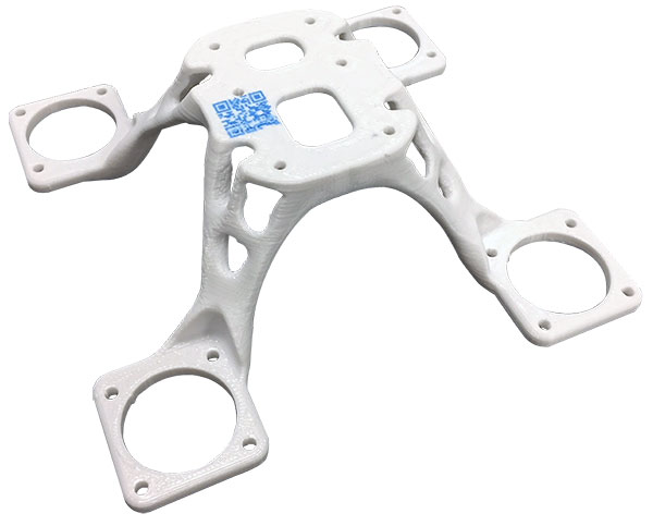 A 3D-printed gimbal mount showing an integrated QR code. Image courtesy of RIZE.