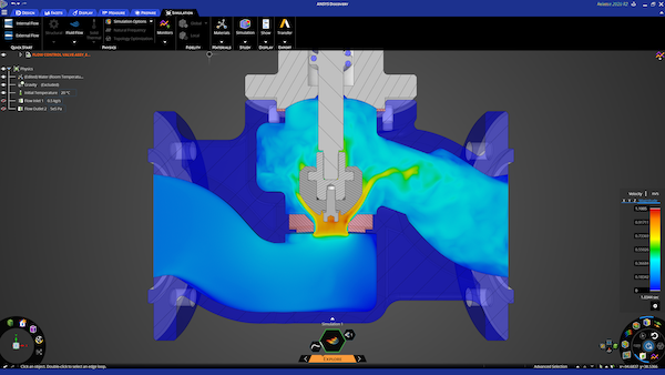 Ansys Discovery executes interaction design exploration with real-time simulation of fluid flow behavior within a flow control valve. Image Courtesy of Ansys