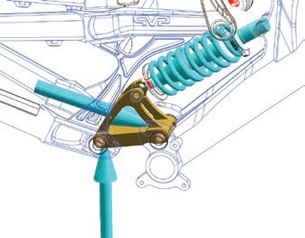 Once the kinematic and dynamic design is complete, the reaction forces (shown in blue) can be transferred for automatic inclusion in Pro/ENGINER Mechanica for structural analysis. 